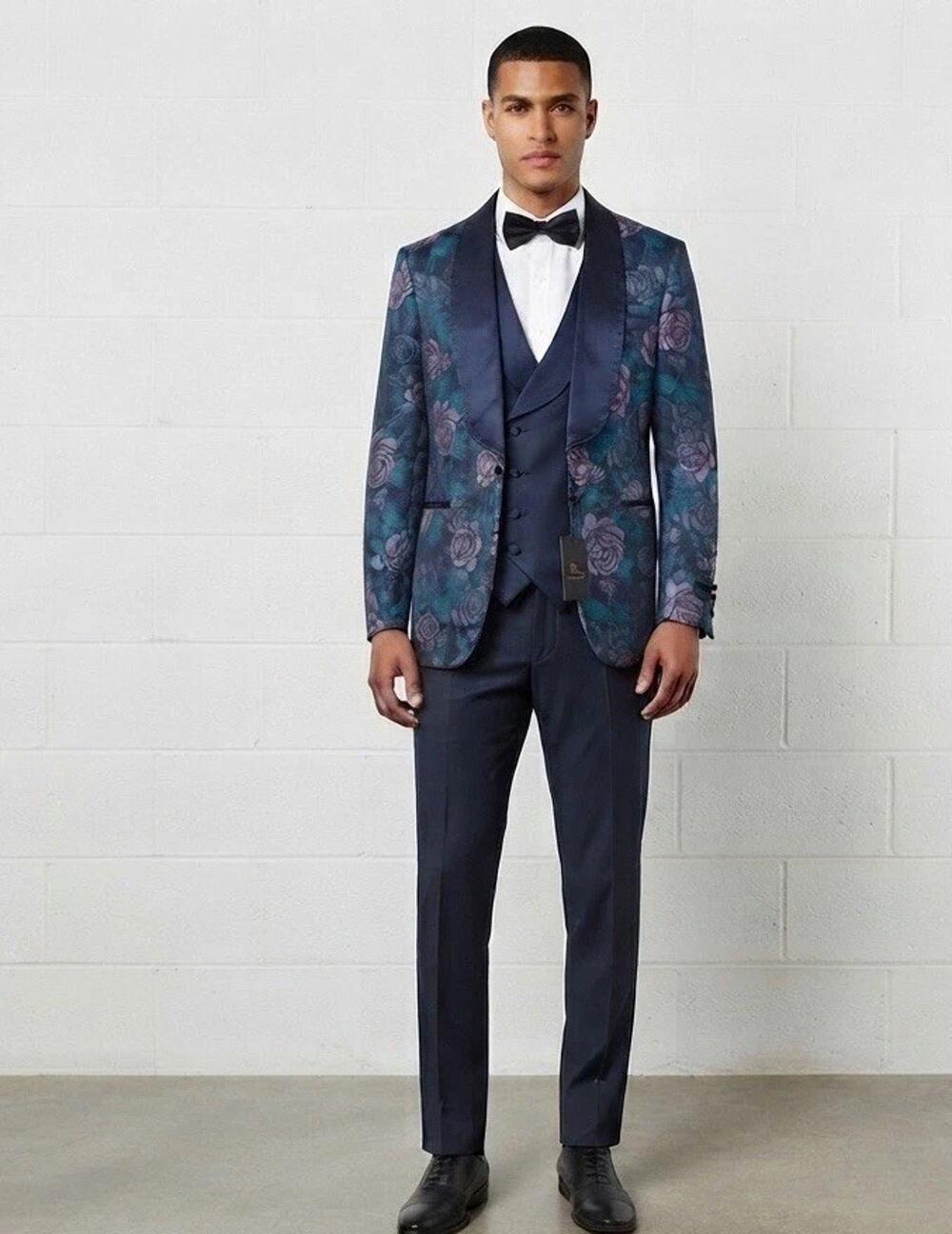 Pietro Scarlatti Mens Suit 3pc US 44 EU 54 Floral Blazer Vest Pants Blue T2